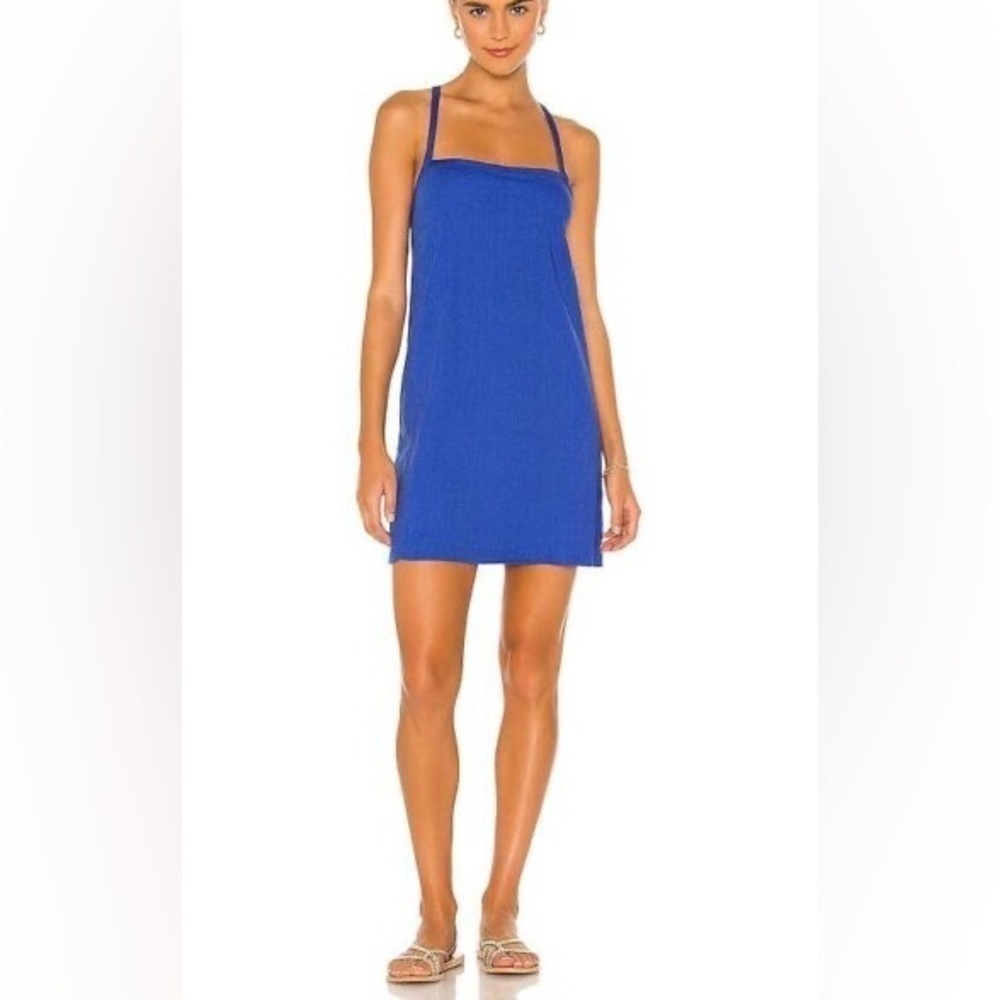 Monrow Linen Mini Summer Dress in Electric Blue color